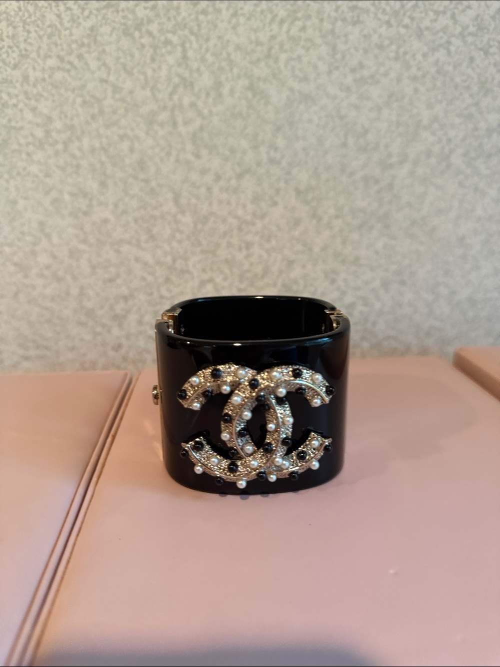 Black Jeweled Bangle Bracelet with Interlocking Logo Accent - Picture 5 of 5
